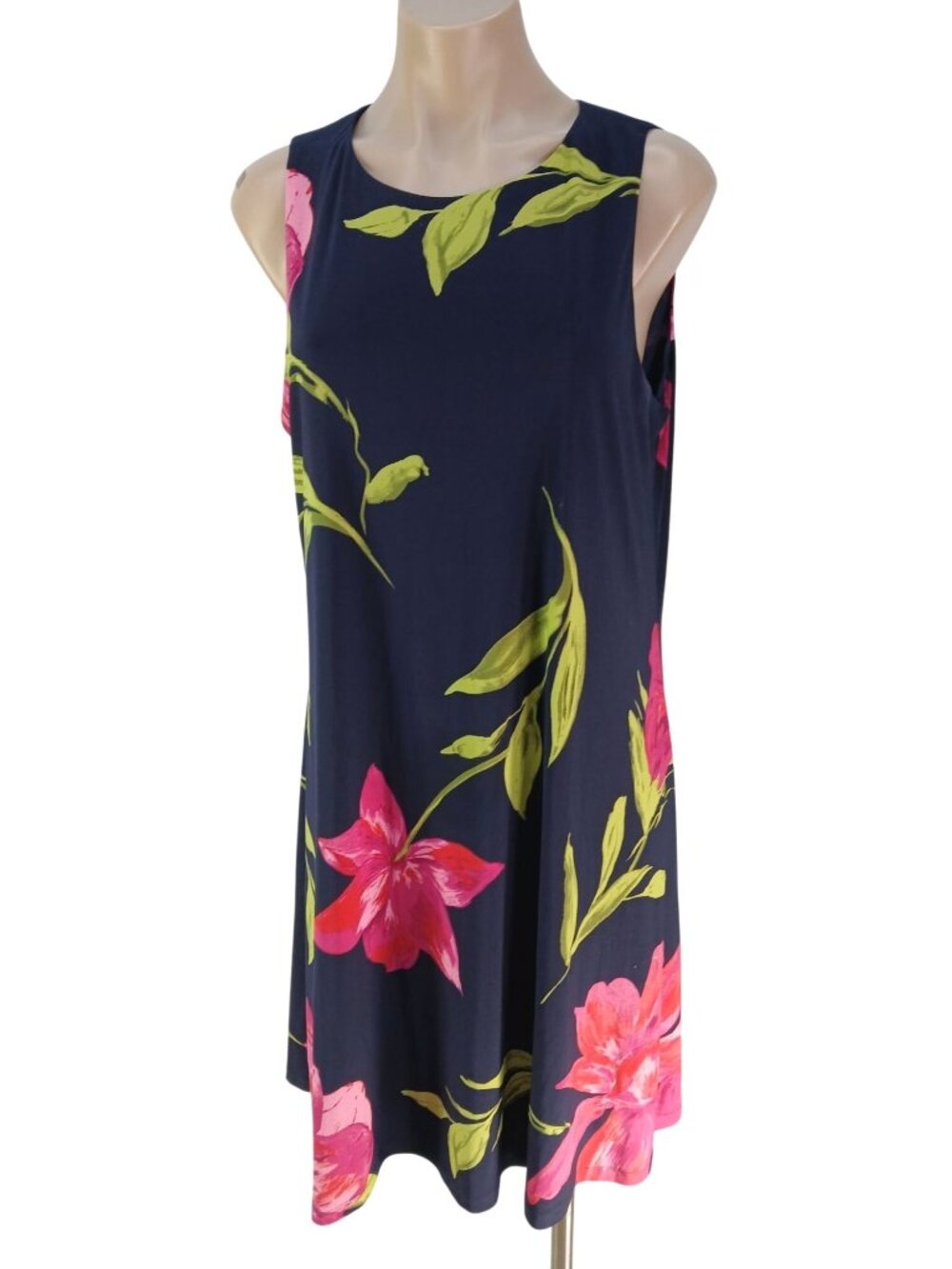 Anne Klein Womens Navy Multicolor Dress Size 12 Sleeveless Floral A Line